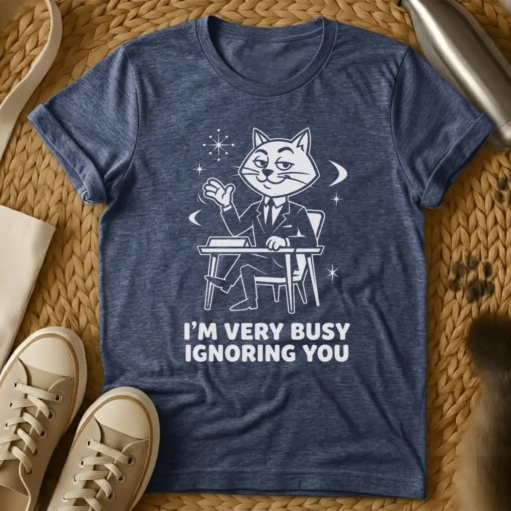 Heather Navy - Black t-shirt with vintage cartoon cat at desk design and text reading "I'm Very Busy Ignoring You