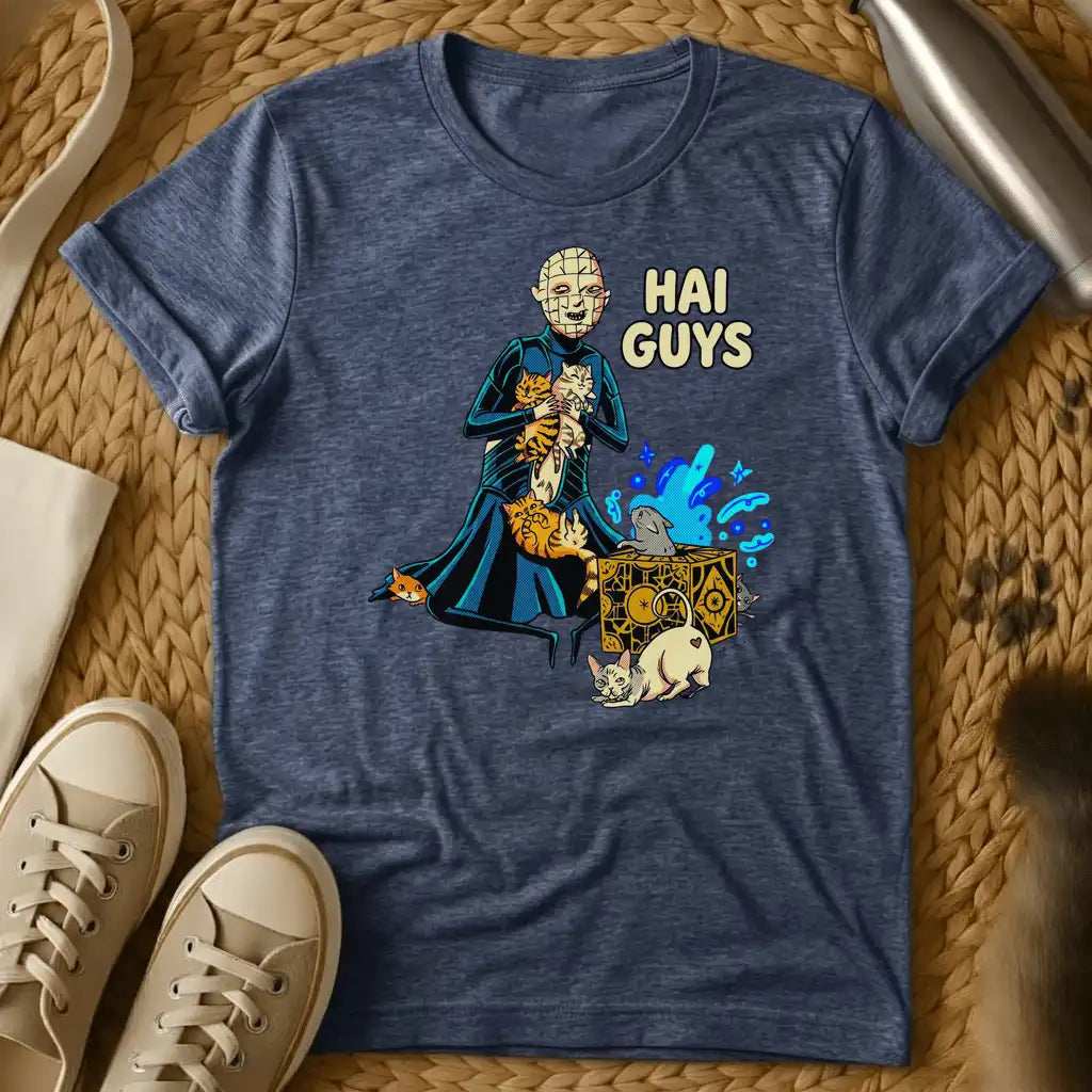 Heather Navy - Olive green t-shirt featuring an illustrated character holding cats with magical effects and "HAI GUYS" text in anime style.