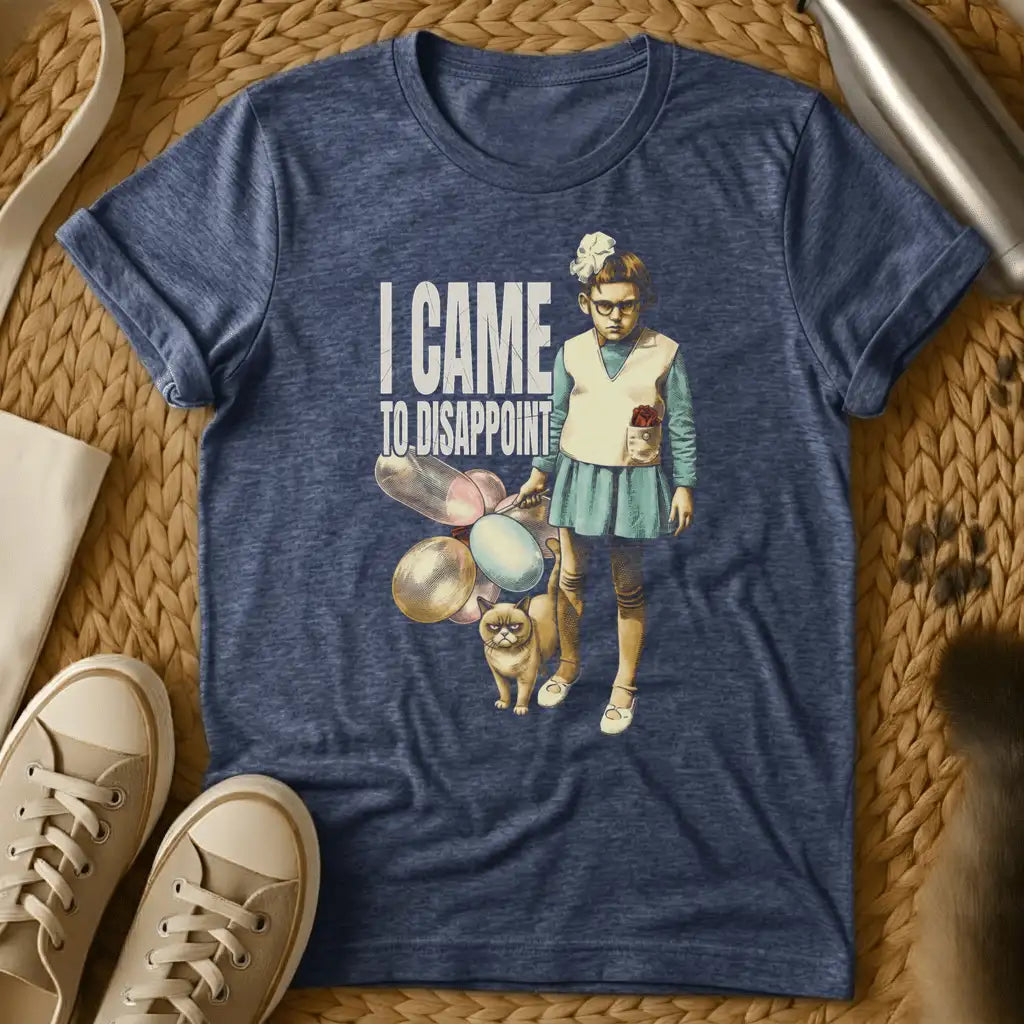 Heather Navy - Dark gray t-shirt with vintage-style illustration of a girl holding tennis rackets and a grumpy cat, text reading "I CAME TO DISAPPOINT