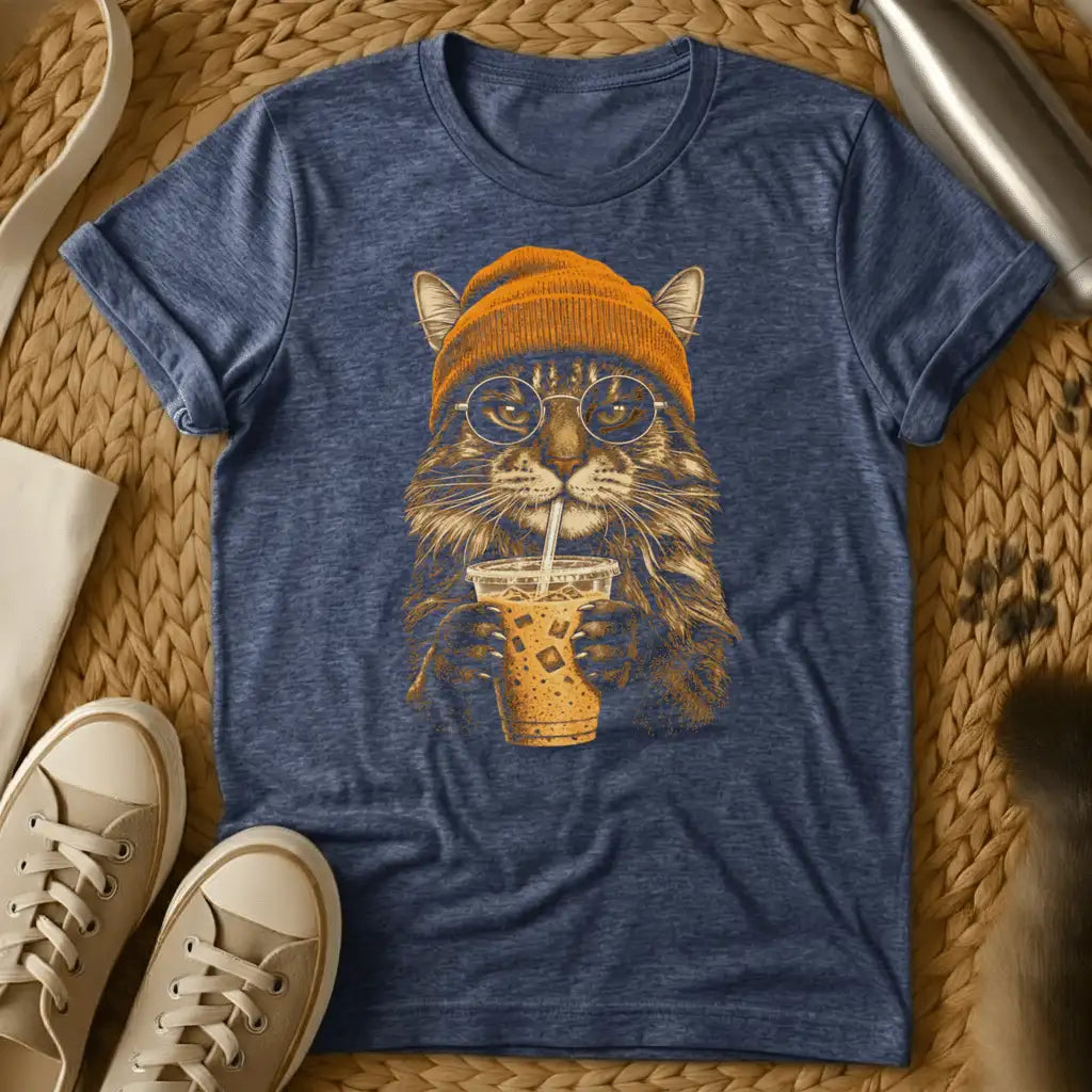 Heather Navy - Dark gray t-shirt with sepia illustration of a fluffy cat in an orange beanie and round glasses sipping iced coffee through a straw