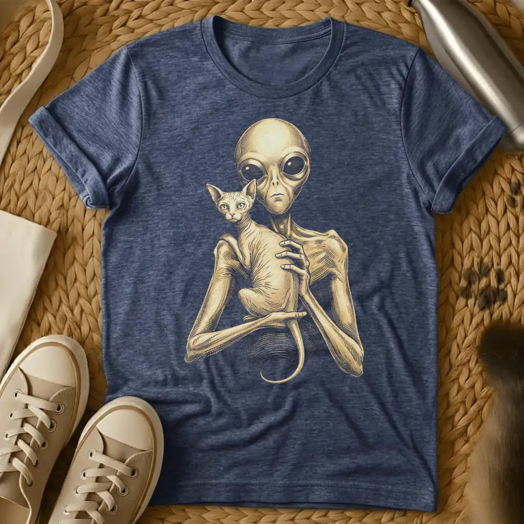 Heather Navy - Dark gray t-shirt with sepia engraving of a gray alien holding a hairless Sphynx cat against its chest