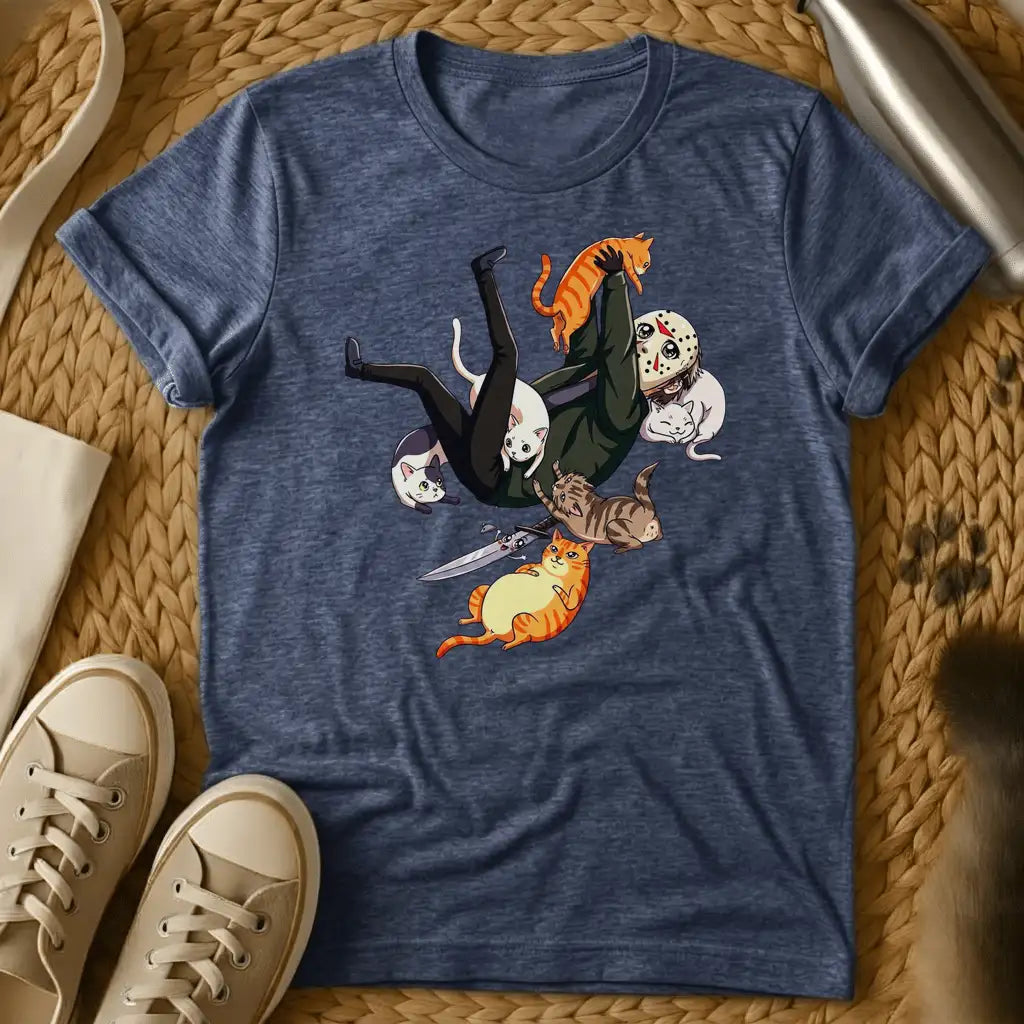 Heather Navy - A person in black falling surrounded by colorful cats and a knife on a sage green t-shirt in cartoon style