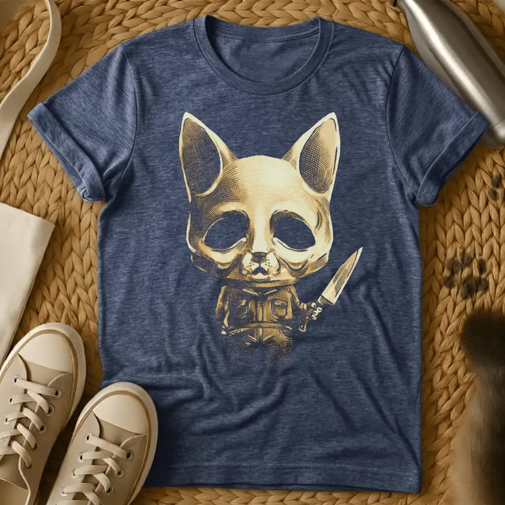 Heather Navy - Dark grey t-shirt with a golden engraving of a skeletal cat skull in a utility jacket holding a large knife