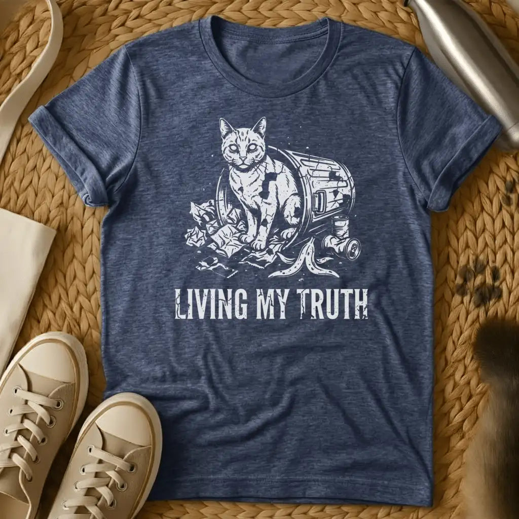 Heather Navy - Dark gray t-shirt featuring a cat in a trash can with "LIVING MY TRUTH" text, illustrated in white line art style.