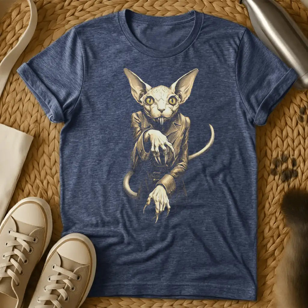Heather Navy - Dark gray t-shirt with tan and cream illustration of a hairless Sphynx cat wearing clothes, displayed flat on woven background with sneakers