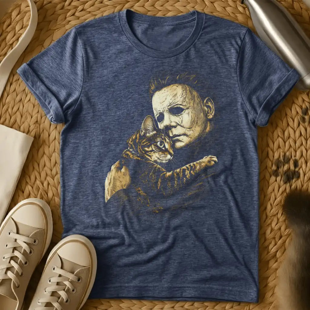 Heather Navy - Dark heather t-shirt with sepia etching of a blank-masked scarred figure tenderly cuddling a striped tabby kitten