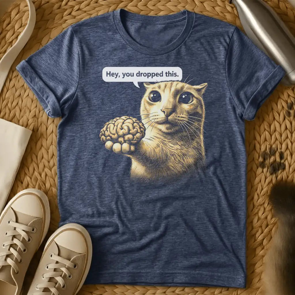 Heather Navy - Dark heather grey t-shirt with a vintage engraving-style cat holding a human brain with the caption Hey you dropped this