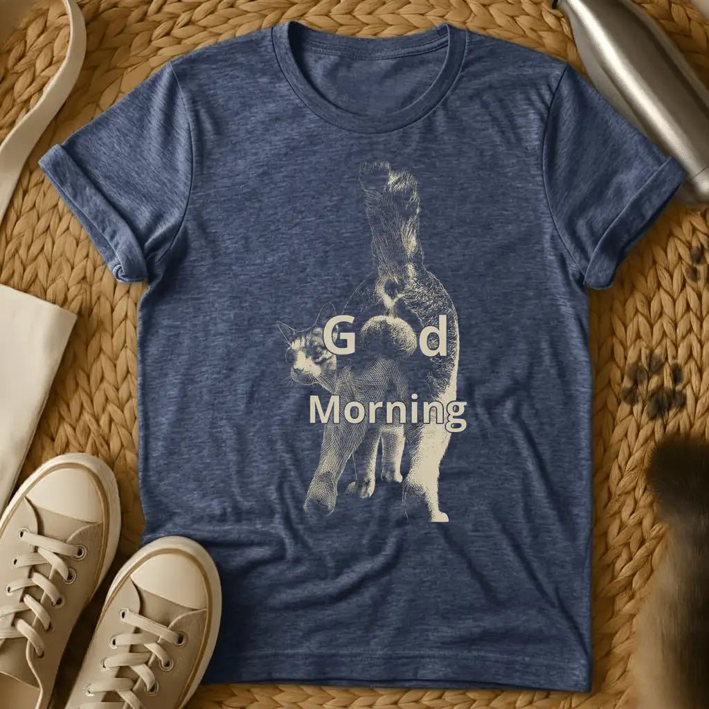 Heather Navy - Dark gray t-shirt with "Good Morning" text overlaid on an engraved-style illustration of two squirrels standing upright together.