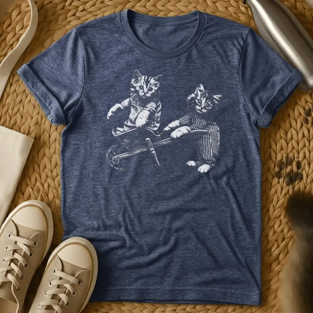 Heather Navy - Dark heather grey t-shirt with black and white vintage illustration of two suited kittens with a small wheelbarrow