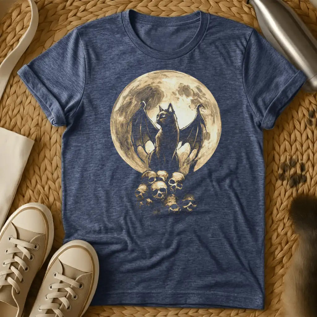 Heather Navy - Dark gray t-shirt with gothic bat illustration perched on skulls against a full moon backdrop, printed in cream and black tones