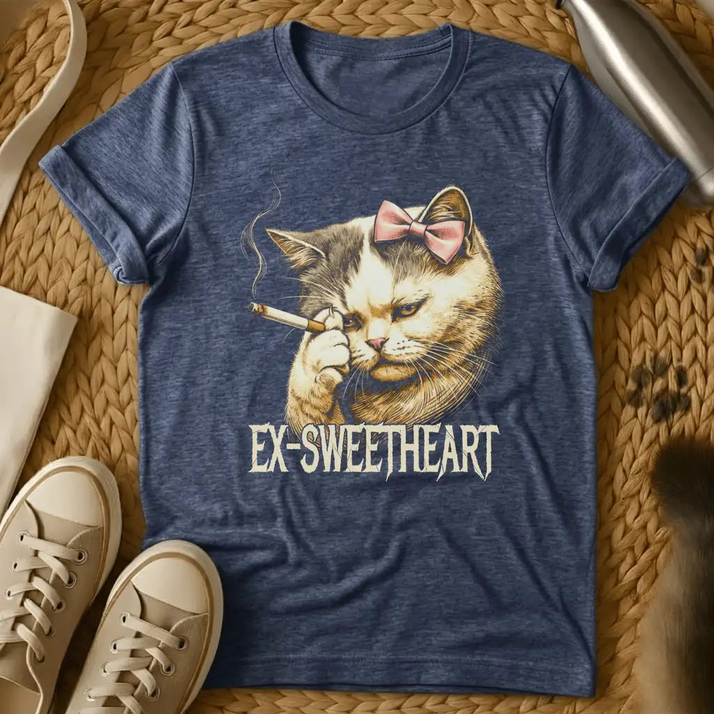Heather Navy - Gray t-shirt featuring an illustrated cat with a pink bow smoking a cigarette, text reading "EX-SWEETHEART" below.