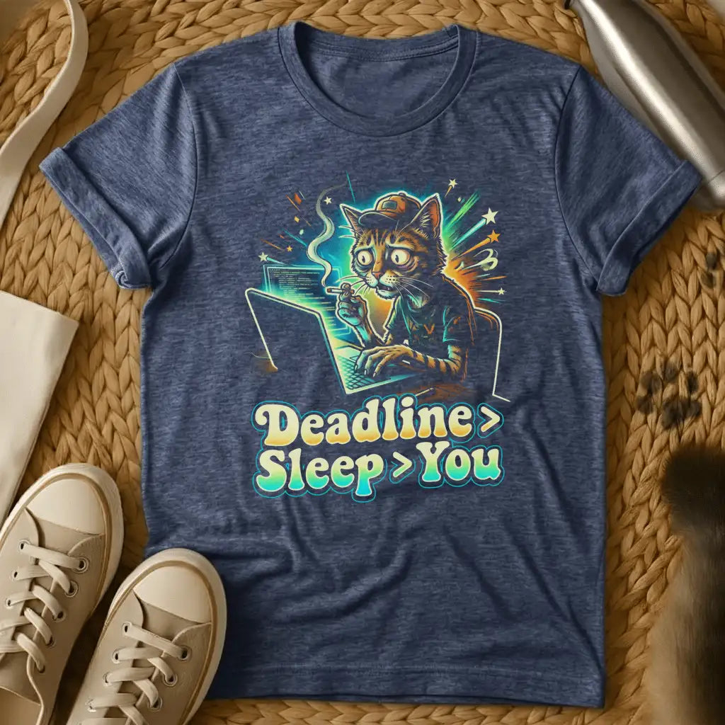 Heather Navy - Gray t-shirt featuring a colorful cartoon cat at a laptop with "Deadline > Sleep > You" text and neon glow effects
