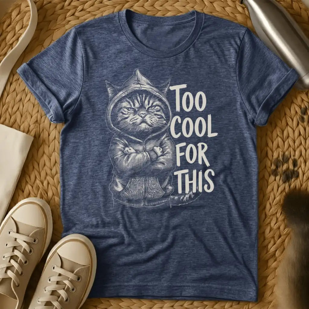 Heather Navy - Dark grey t-shirt with a sketch of a grumpy hooded cat arms crossed beside text reading Too Cool For This