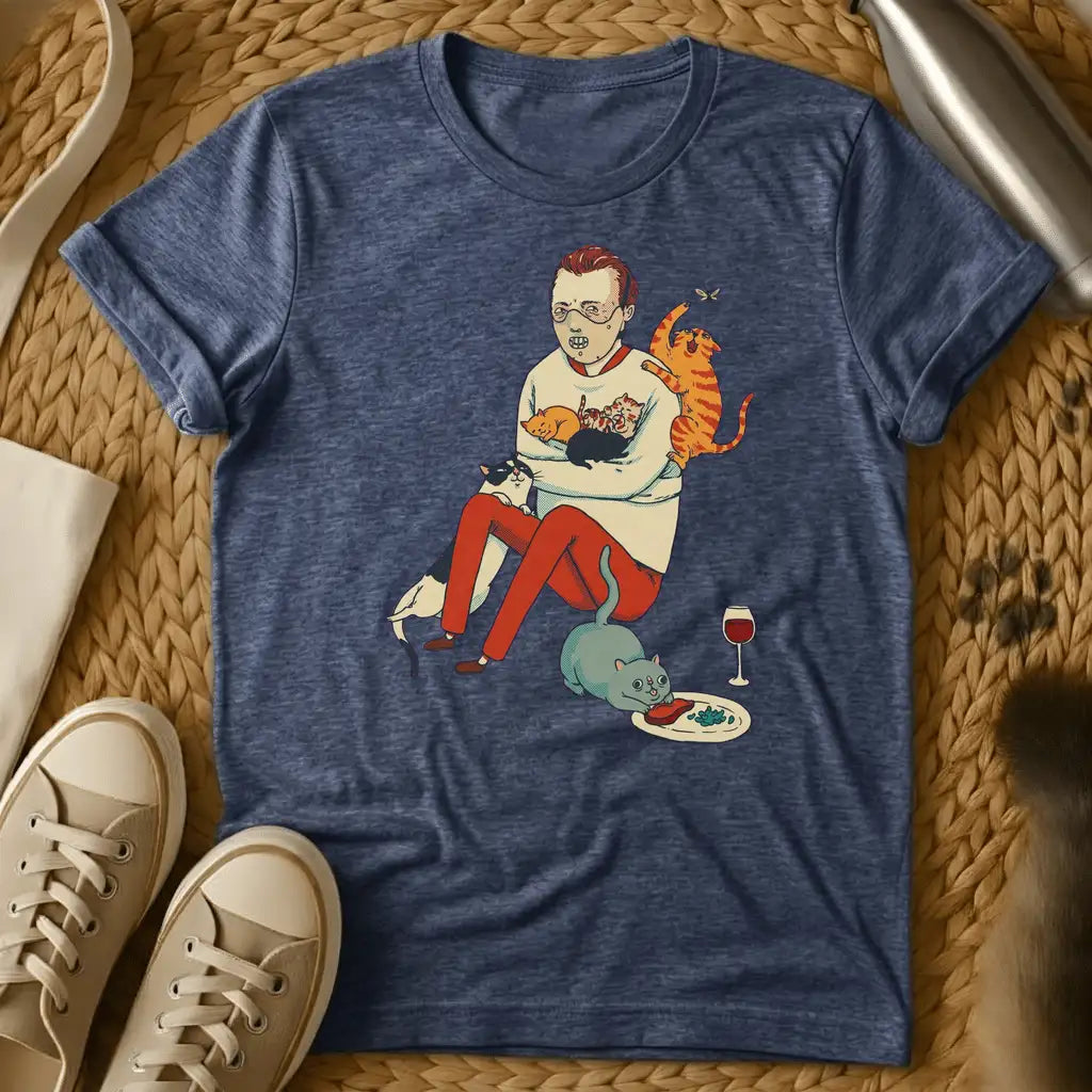 Heather Navy - Man surrounded by multiple cats in humorous illustration style on olive green t-shirt