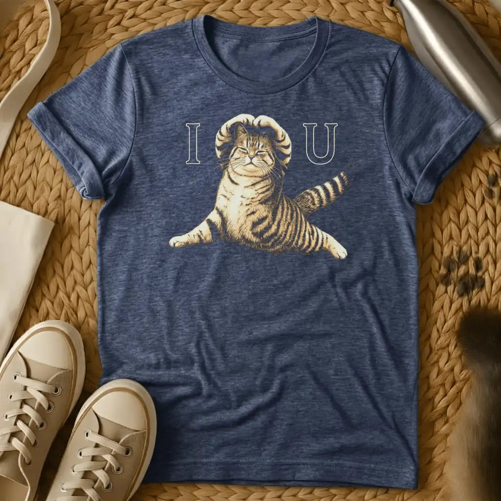Heather Navy - Dark gray t-shirt with "I [cat] U" design featuring a playful tabby cat illustration in the center, styled as a love message.