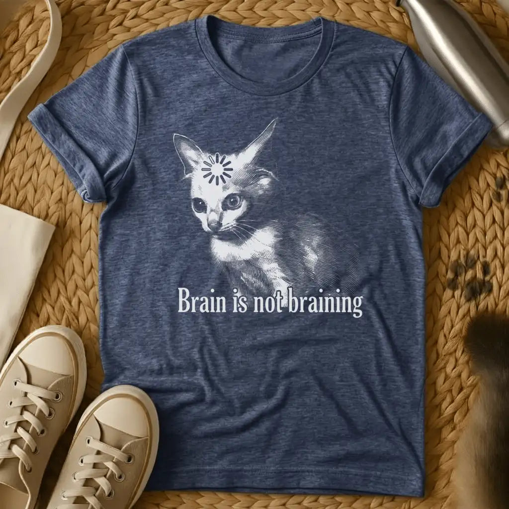 Heather Navy - Dark heather grey t-shirt with vintage engraving cat featuring a loading spinner on its forehead and text Brain is not braining