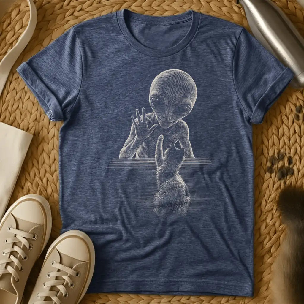 Heather Navy - Dark grey t-shirt with monochrome engraving of a grey alien and fluffy cat reaching toward each other across a flat surface