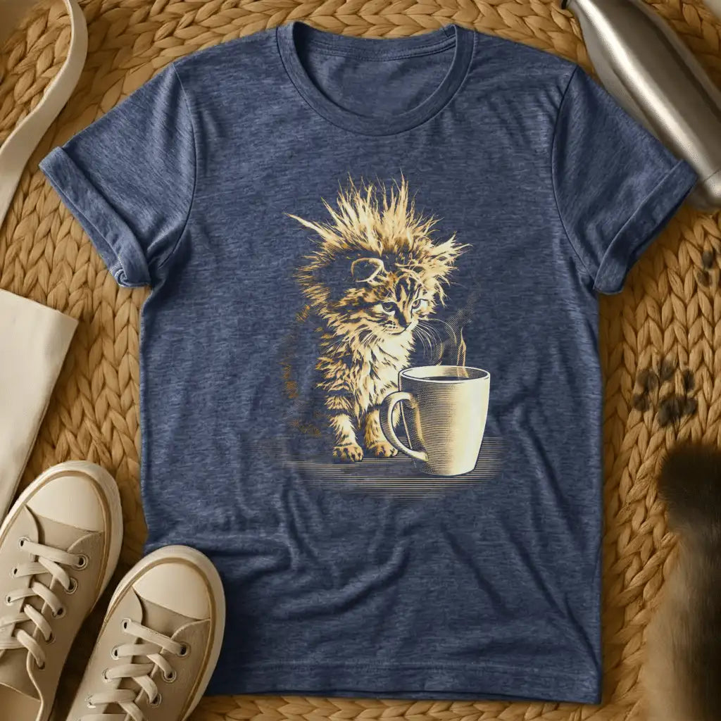 Heather Navy - Fluffy kitten with spiky hair sitting next to a coffee mug, gold illustration on dark gray t-shirt