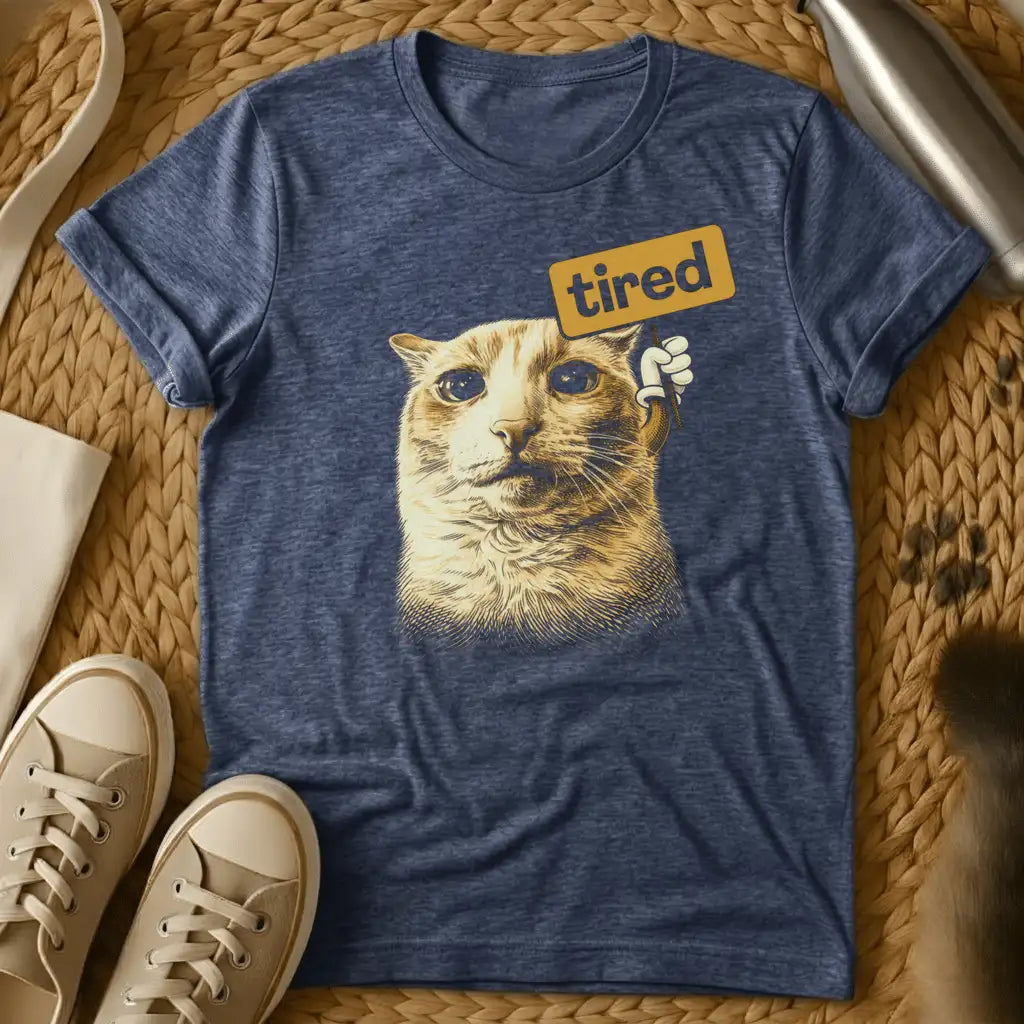 Heather Navy - Dark grey t-shirt with sepia engraving-style cat holding a golden sign reading tired in a cartoon hand
