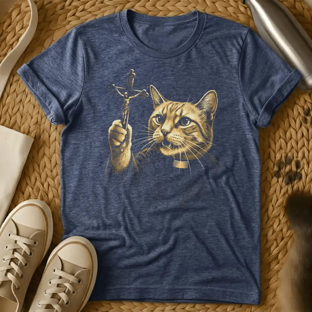 Heather Navy - Cat holding crucifix with halo, gold religious artwork on charcoal gray t-shirt, flat lay styling