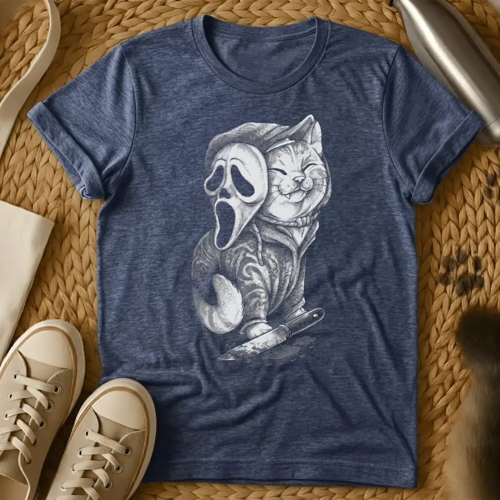 Heather Navy - Dark heather t-shirt with pencil art of a grinning cat lifting a ghost scream mask holding a bloody knife