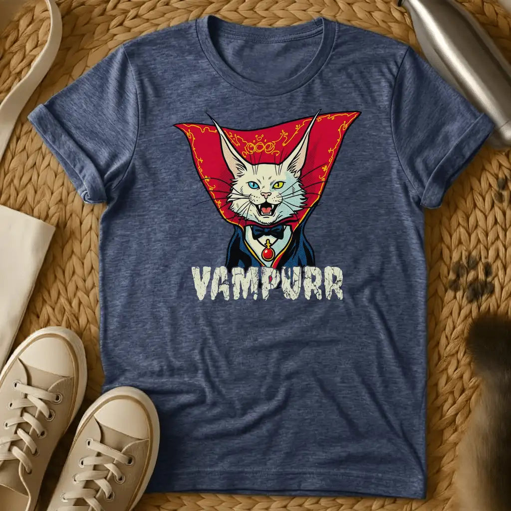 Heather Navy - Dark gray t-shirt featuring a vampire cat illustration with red cape, blue eyes, and fangs, with "VAMPURR" text below.
