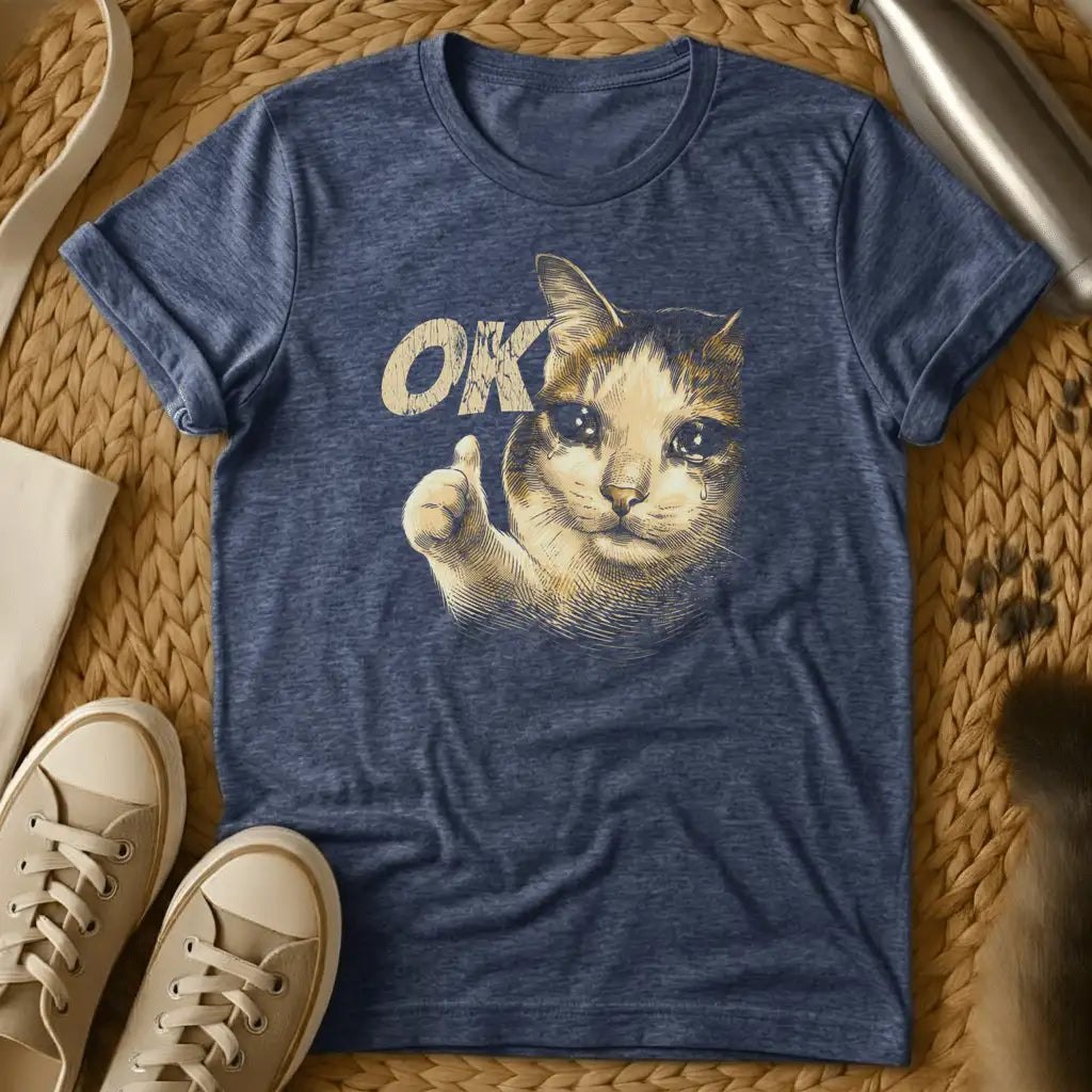 Heather Navy - Dark heather t-shirt with a Victorian engraving of a crying cat giving a thumbs-up next to the word OK