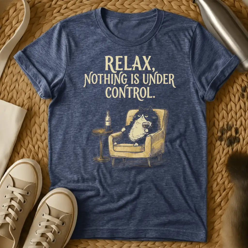 Heather Navy - Dark gray t-shirt with cream text reading "RELAX, NOTHING IS UNDER CONTROL" and illustration of a cat in an armchair holding a wine glass