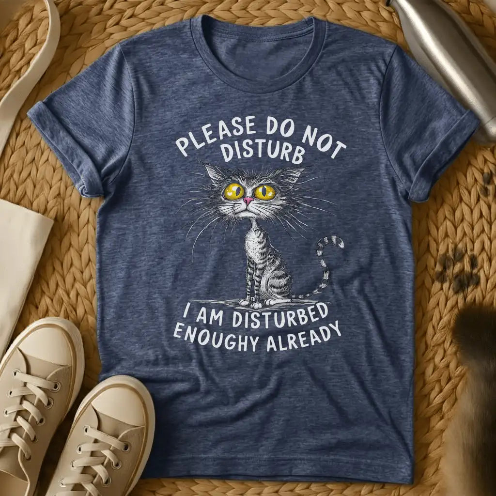 Heather Navy - Dark heather grey t-shirt with a sketchy wild-eyed tabby cat and humorous do not disturb slogan text