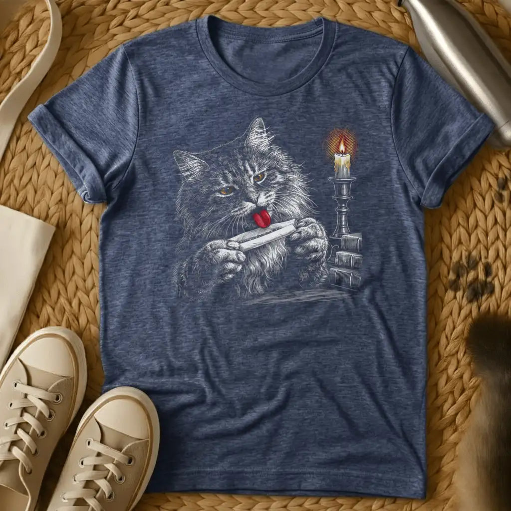Heather Navy - Dark heather t-shirt with engraved fluffy cat licking a rolled joint held in both paws beside a lit candlestick and stack of books