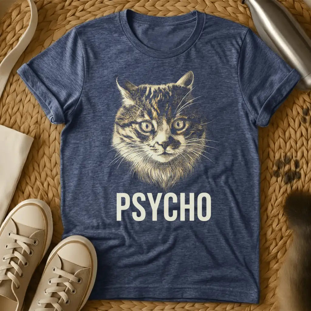 Heather Navy - Dark heather grey t-shirt with vintage engraving-style intense tabby cat face and bold PSYCHO text beneath