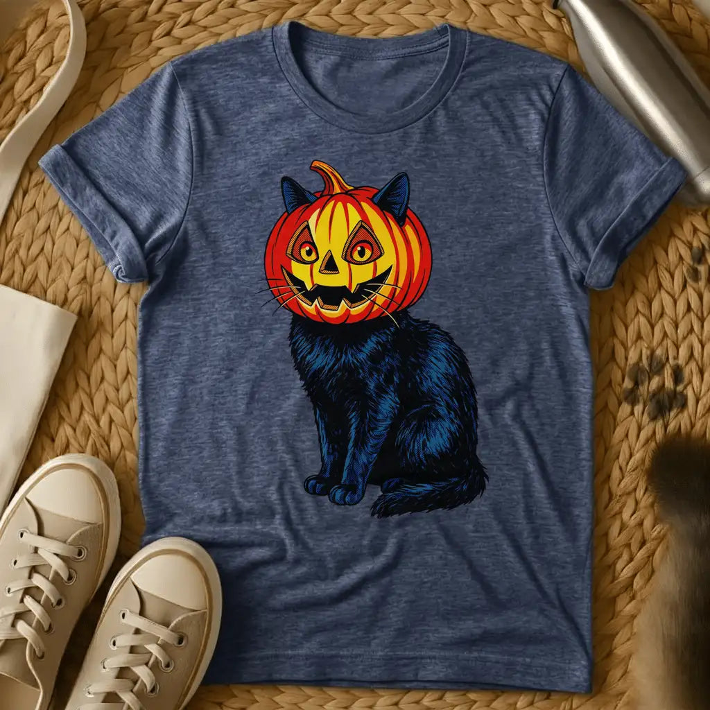 Heather Navy - Black cat wearing a carved jack-o'-lantern pumpkin head with yellow face and blue ears on sage green t-shirt