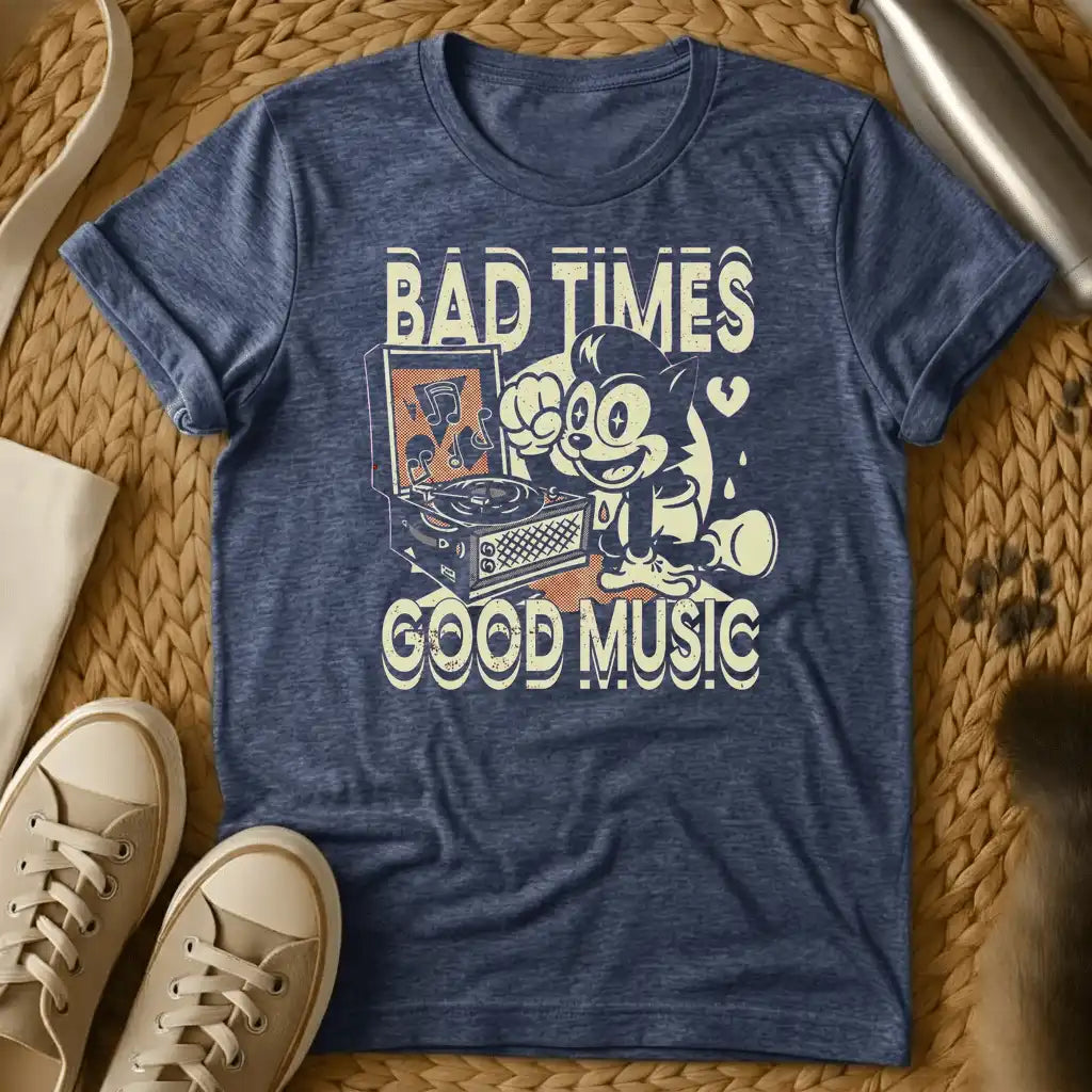 Heather Navy - Dark gray t-shirt with vintage cartoon character DJ design, text reads "BAD TIMES GOOD MUSIC" with turntable graphic.