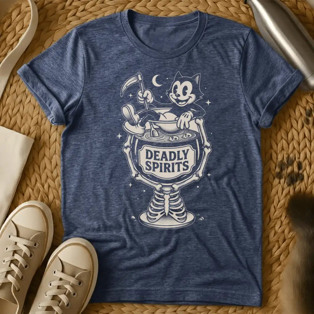 Heather Navy - Dark heather t-shirt with vintage cartoon cat in a skeleton goblet holding a scythe labeled Deadly Spirits retro Halloween design