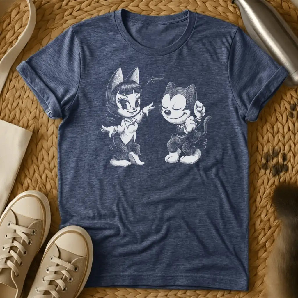 Heather Navy - Dark grey t-shirt with a black-and-white pencil sketch of two dancing anthropomorphic cats in vintage 1930s cartoon style