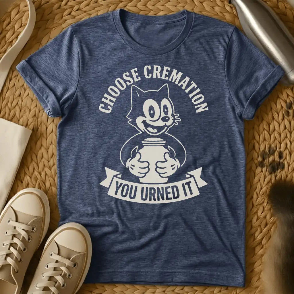 Heather Navy - Military green t-shirt with retro cartoon cat holding a cremation urn, arched text reading Choose Cremation and banner reading You Urned It