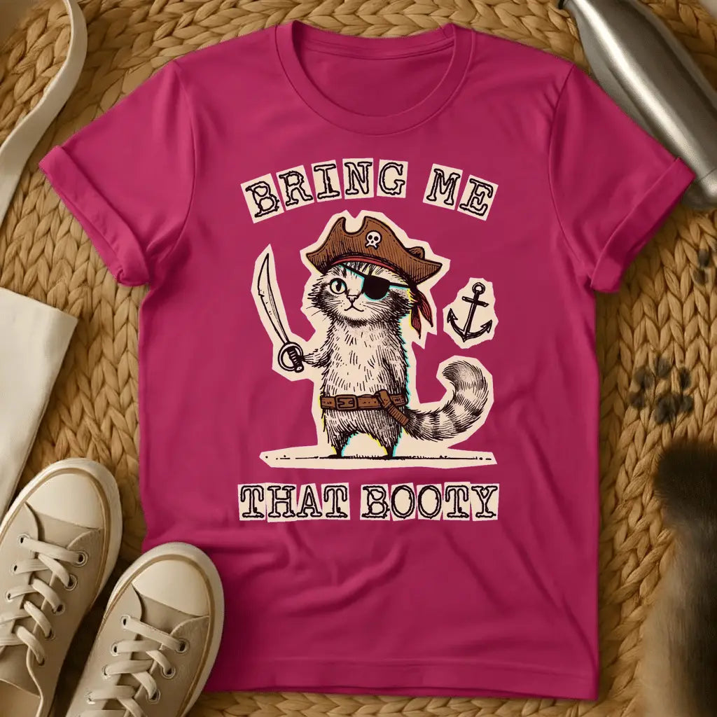 Heliconia - Green t-shirt with a pirate cat in tricorn hat and eye patch holding a cutlass, text reads Bring Me That Booty