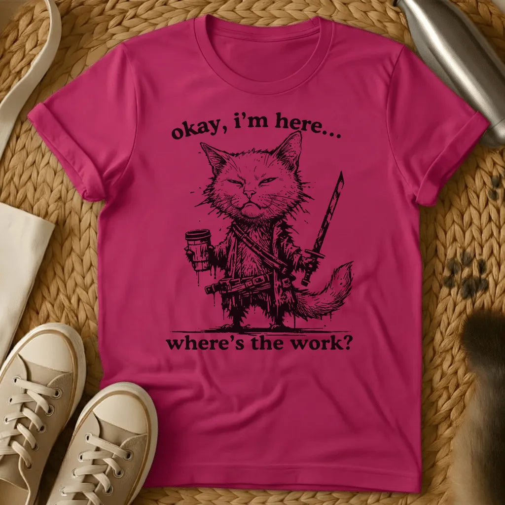 Heliconia - Military green t-shirt with a grumpy armored warrior cat holding coffee and a sword with humorous text