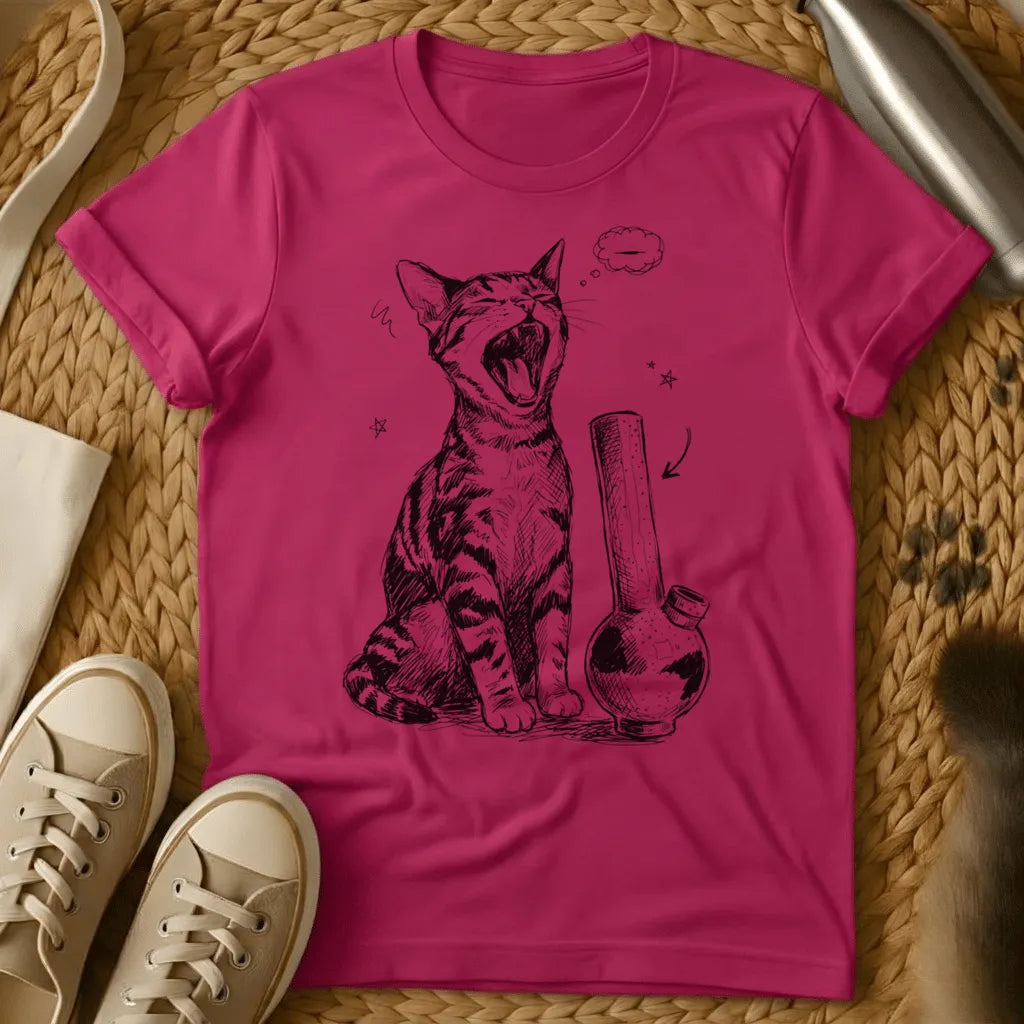 Heliconia - Military green t-shirt with black ink sketch of a yawning tabby cat sitting next to a bong with stars and empty thought bubble