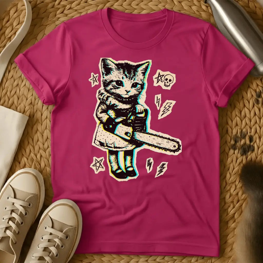 Heliconia - Military green t-shirt with a neon retro print of a kitten in boots holding a chainsaw surrounded by skulls pentagrams and lightning bolts