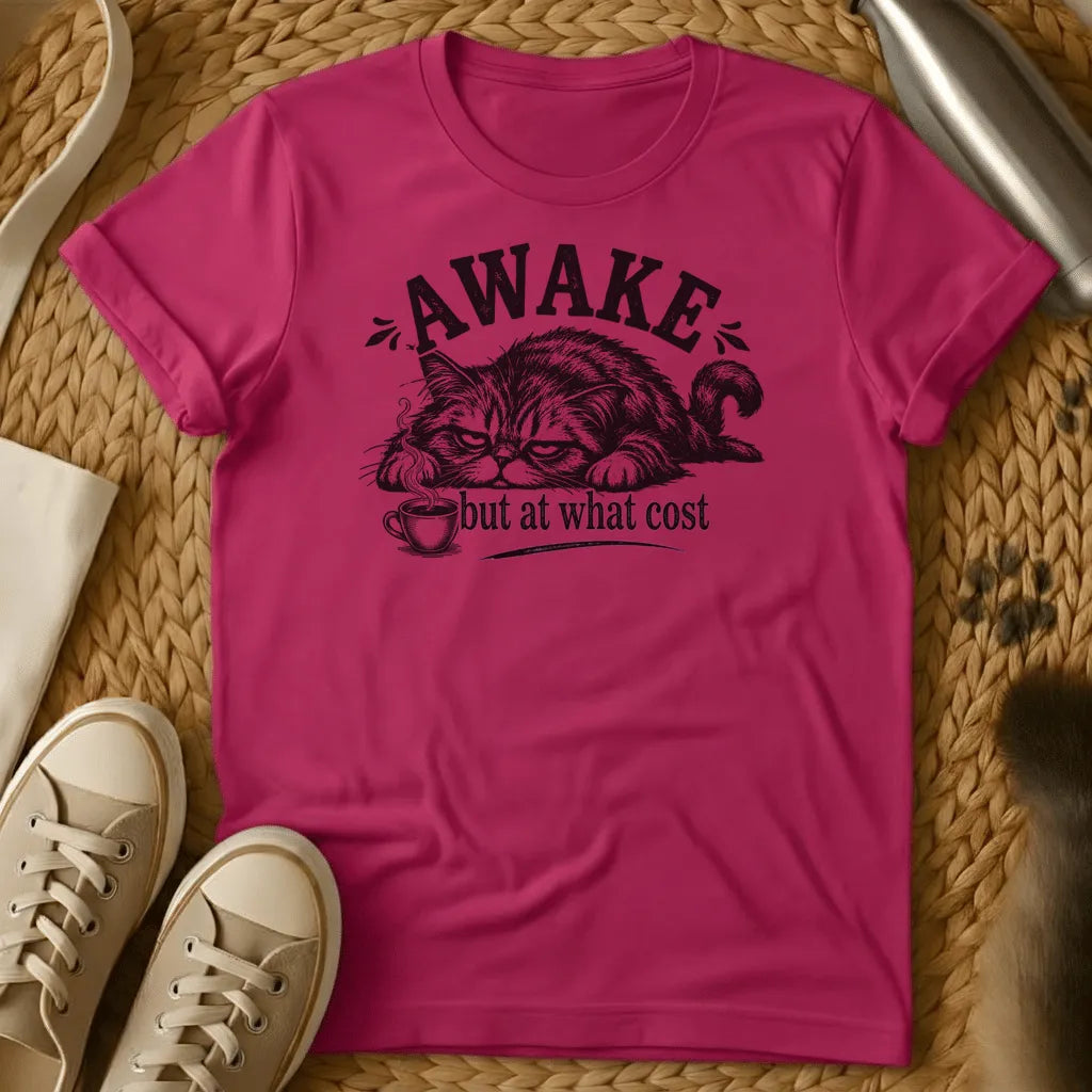 Heliconia - Navy t-shirt with a grumpy lounging cat and coffee cup illustration reading Awake But At What Cost in vintage engraving style