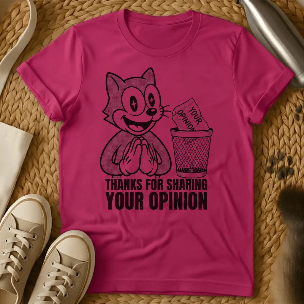Heliconia - Military green t-shirt with retro cartoon cat grinning as a paper labeled Your Opinion lands in a wire trash can