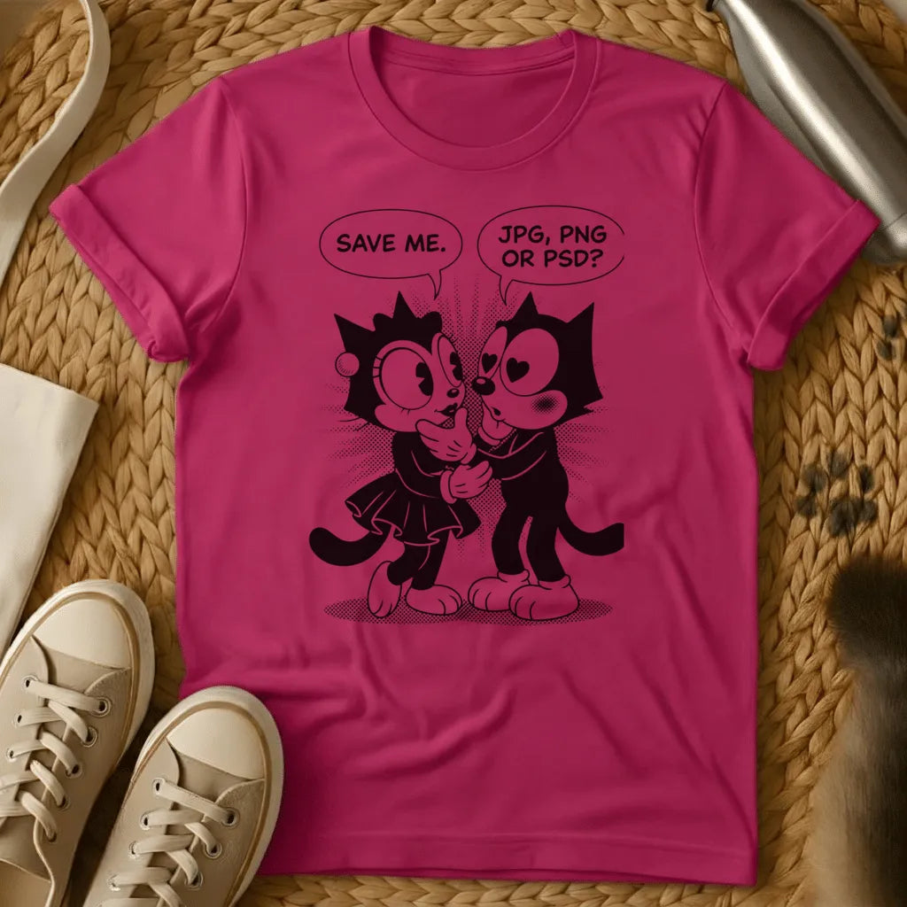 Heliconia - Olive green t-shirt with retro cartoon cats in speech bubble comic style debating JPG PNG or PSD file formats