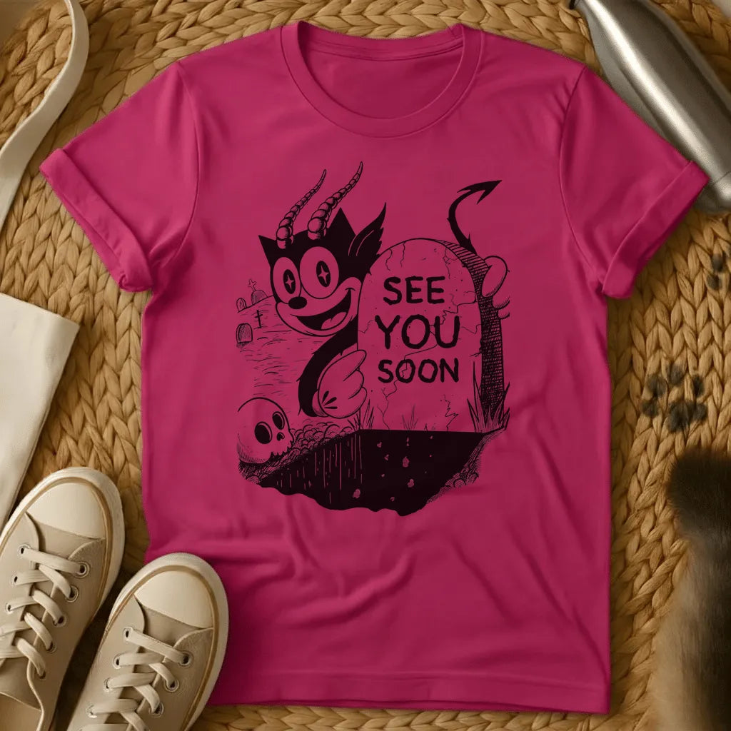 Heliconia - Gray t-shirt with black cartoon demon character and "See You Soon" text in vintage horror illustration style