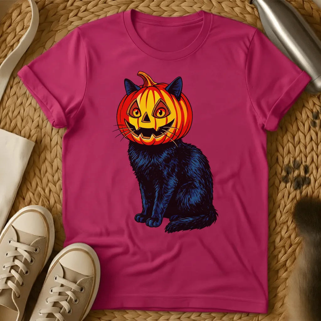Heliconia - Black cat wearing a carved jack-o'-lantern pumpkin head with yellow face and blue ears on sage green t-shirt