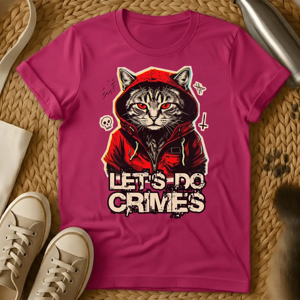 Heliconia - White t-shirt with a menacing hooded gray tabby cat with red eyes wearing a red hoodie above the words Let's Do Crimes