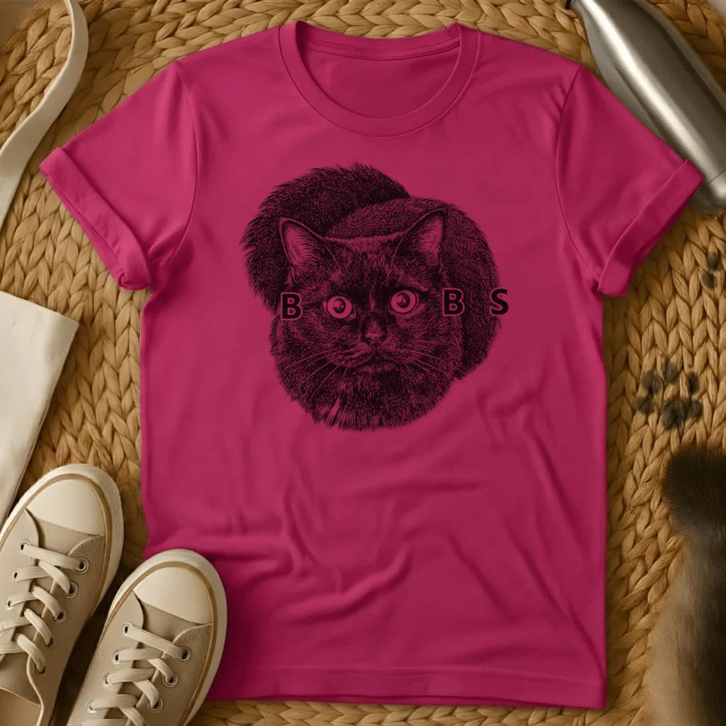 Heliconia - Military green t-shirt with vintage engraving of a round black cat, wide eyes forming the O's in the word BOOBS