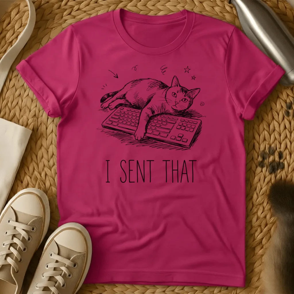 Heliconia - Olive green t-shirt with black line drawing of a cat on keyboards and text reading "I SENT THAT