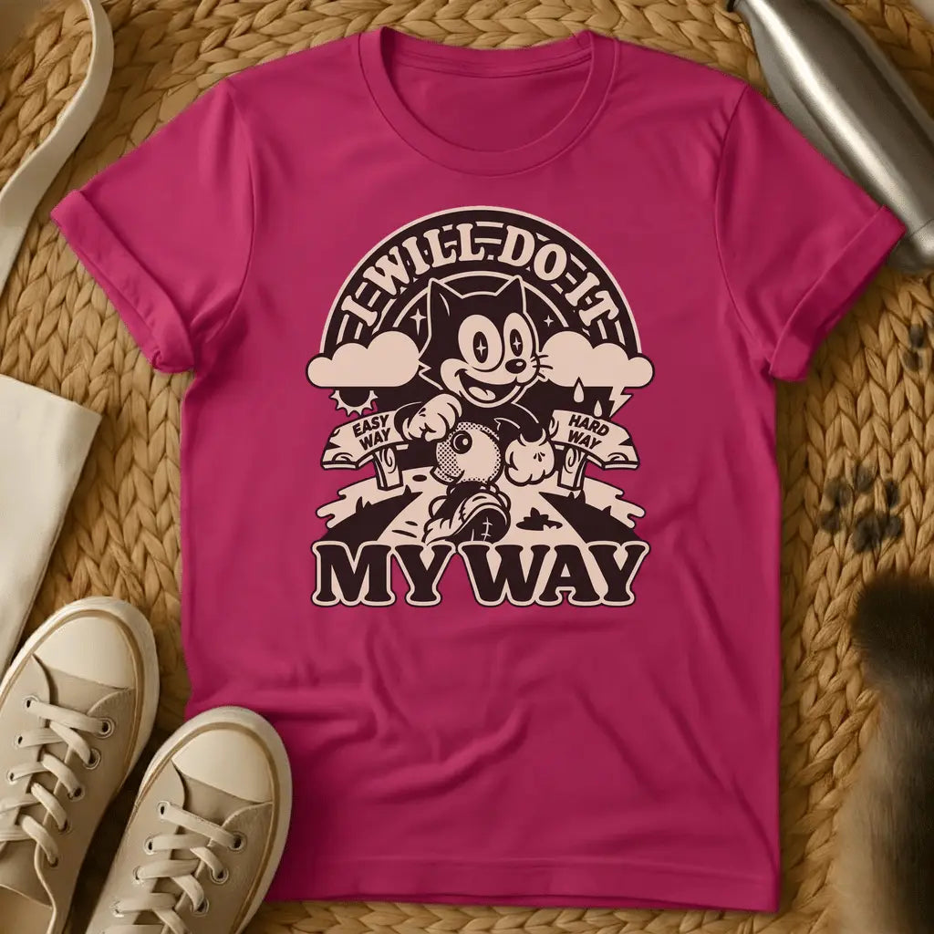 Heliconia - Navy t-shirt with vintage rubber-hose cartoon cat striding forward holding a bag, flanked by Easy Way and Hard Way banners, text reads I Will Do It My