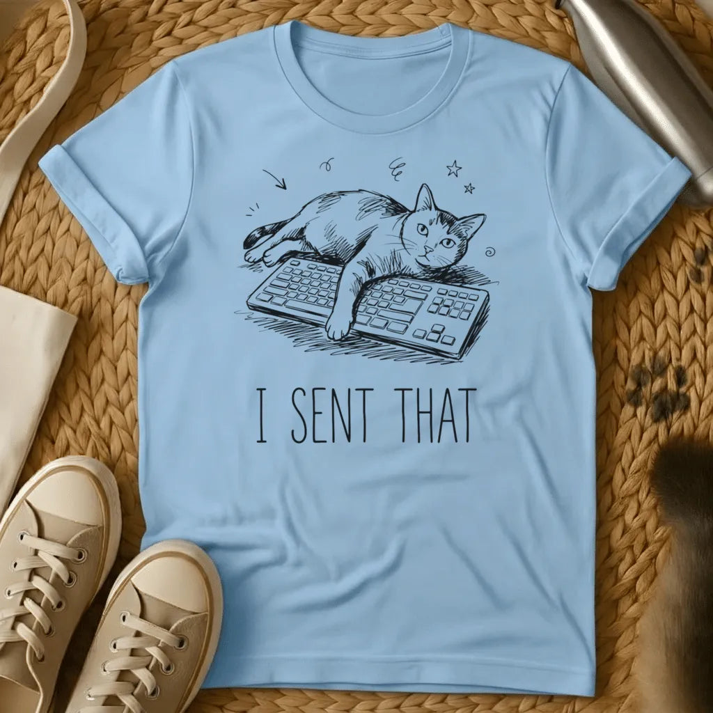 Light Blue - Olive green t-shirt with black line drawing of a cat on keyboards and text reading "I SENT THAT
